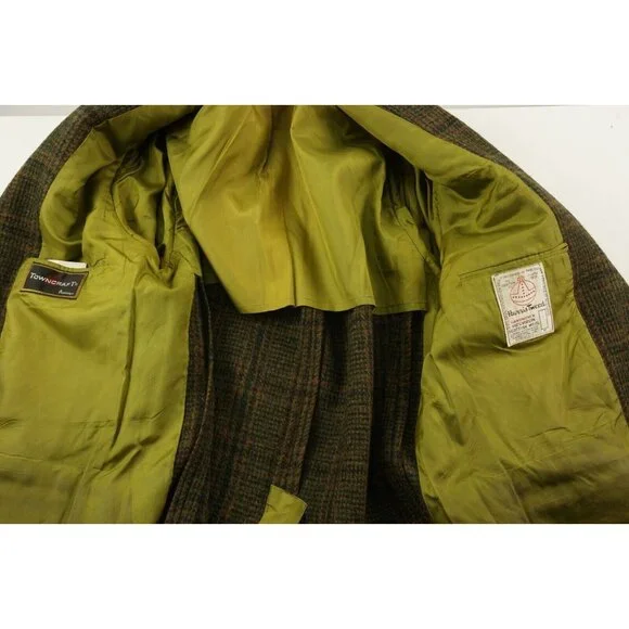 Vintage 1950s Penneys x Harris Tweed 42R Green Orange Shadow Plaid Sport Coat